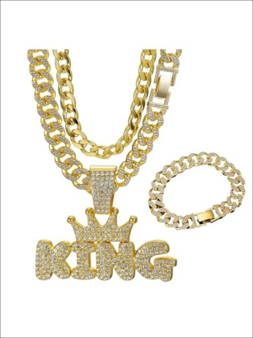 Men's 3PC Gold Plated Cuban Link Chain Bracelet Set KING Pendant Iced Crystal